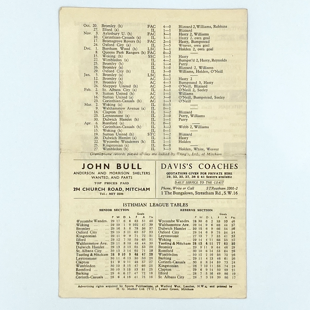 Tooting & Mitcham United vs Ilford Programme (30 April 1957)