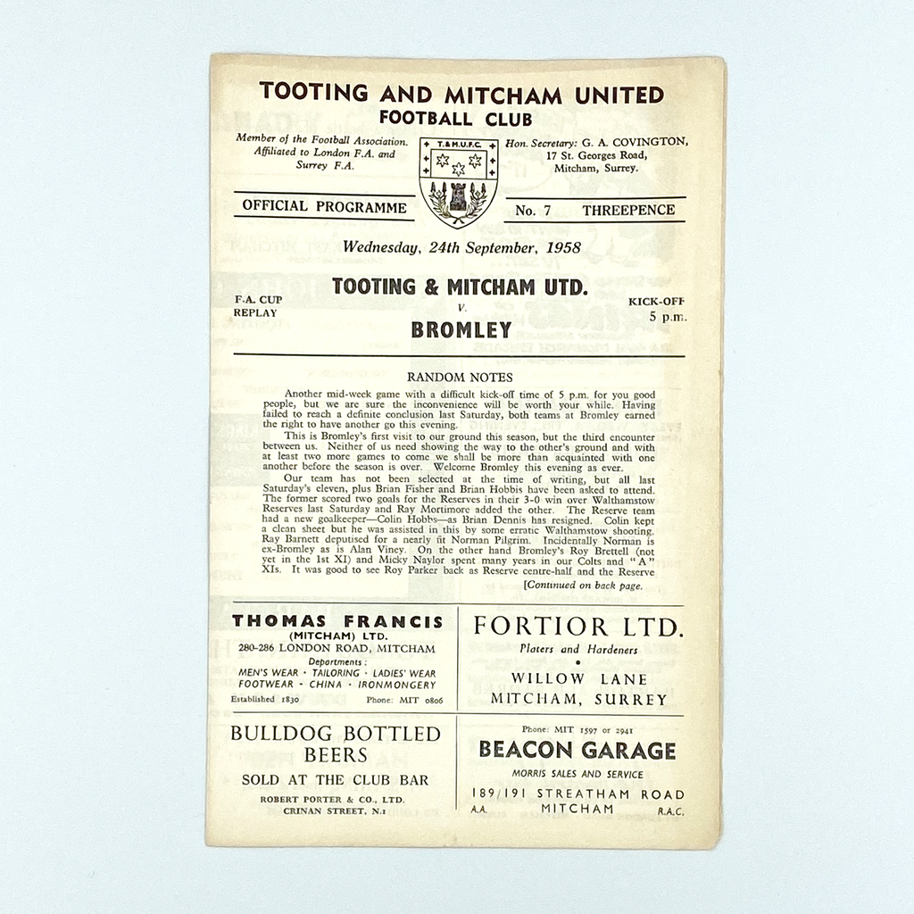 Tooting & Mitcham United vs Bromley Programme (24 September 1958)