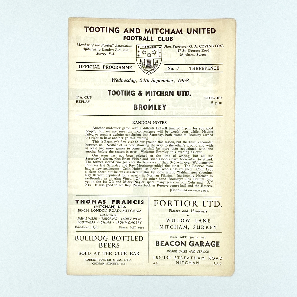 Tooting & Mitcham United vs Bromley Programme (24 September 1958)