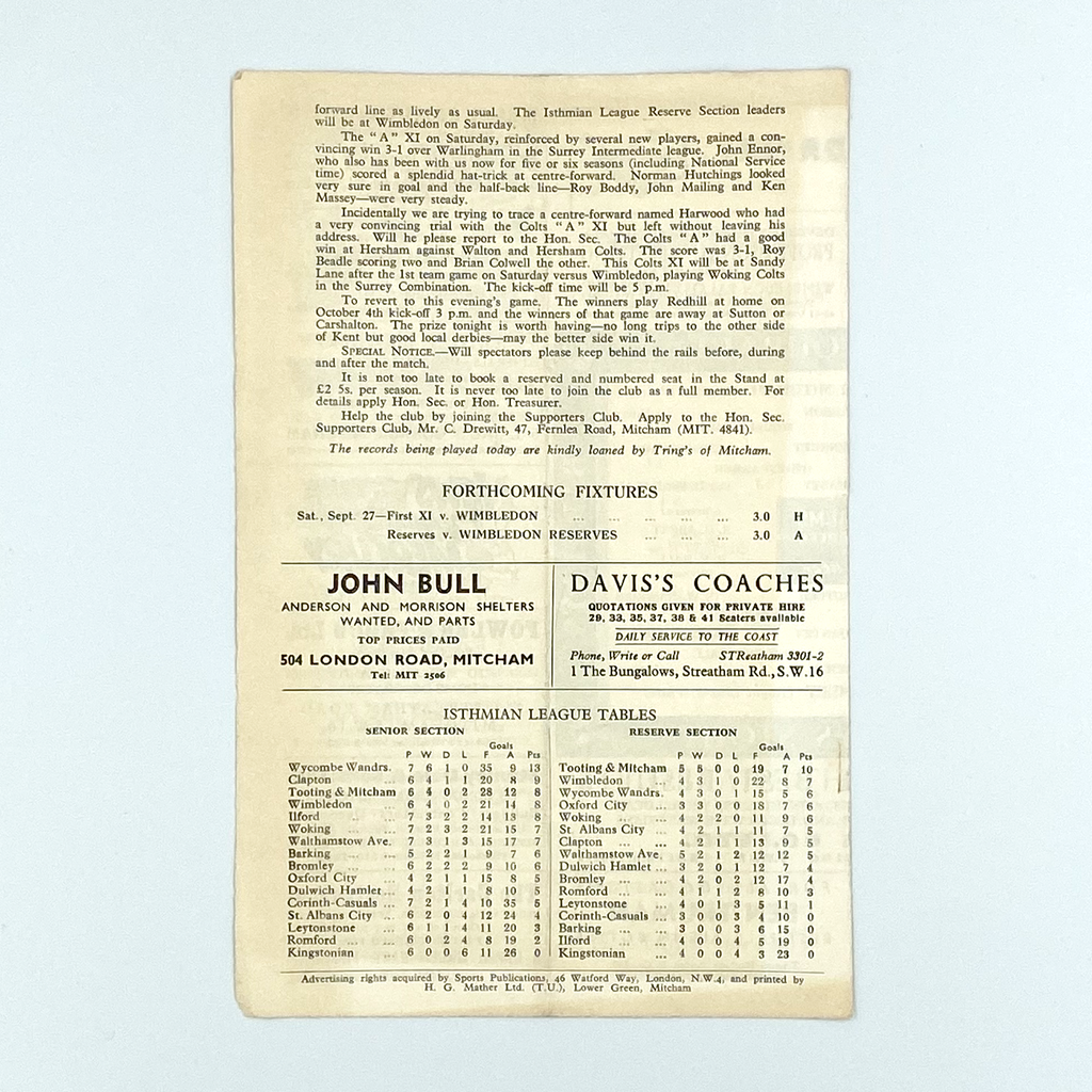 Tooting & Mitcham United vs Bromley Programme (24 September 1958)