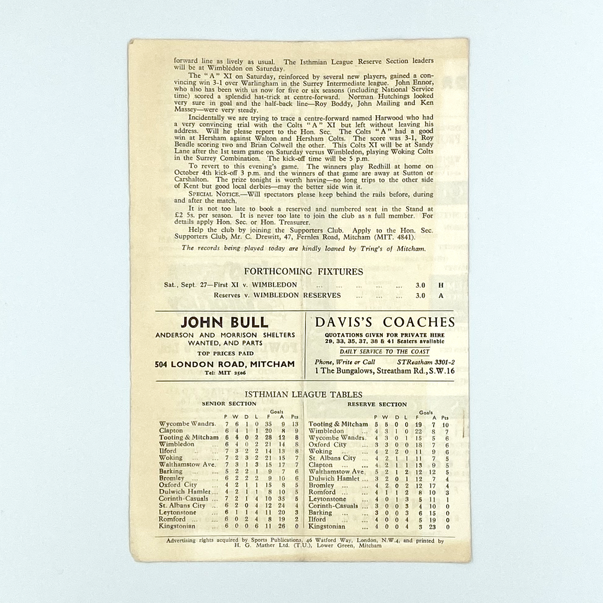 Tooting & Mitcham United vs Bromley Programme (24 September 1958)