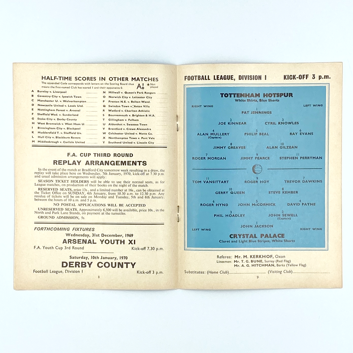 Tottenham Hotspur vs Crystal Palace Programme (26 December 1969)