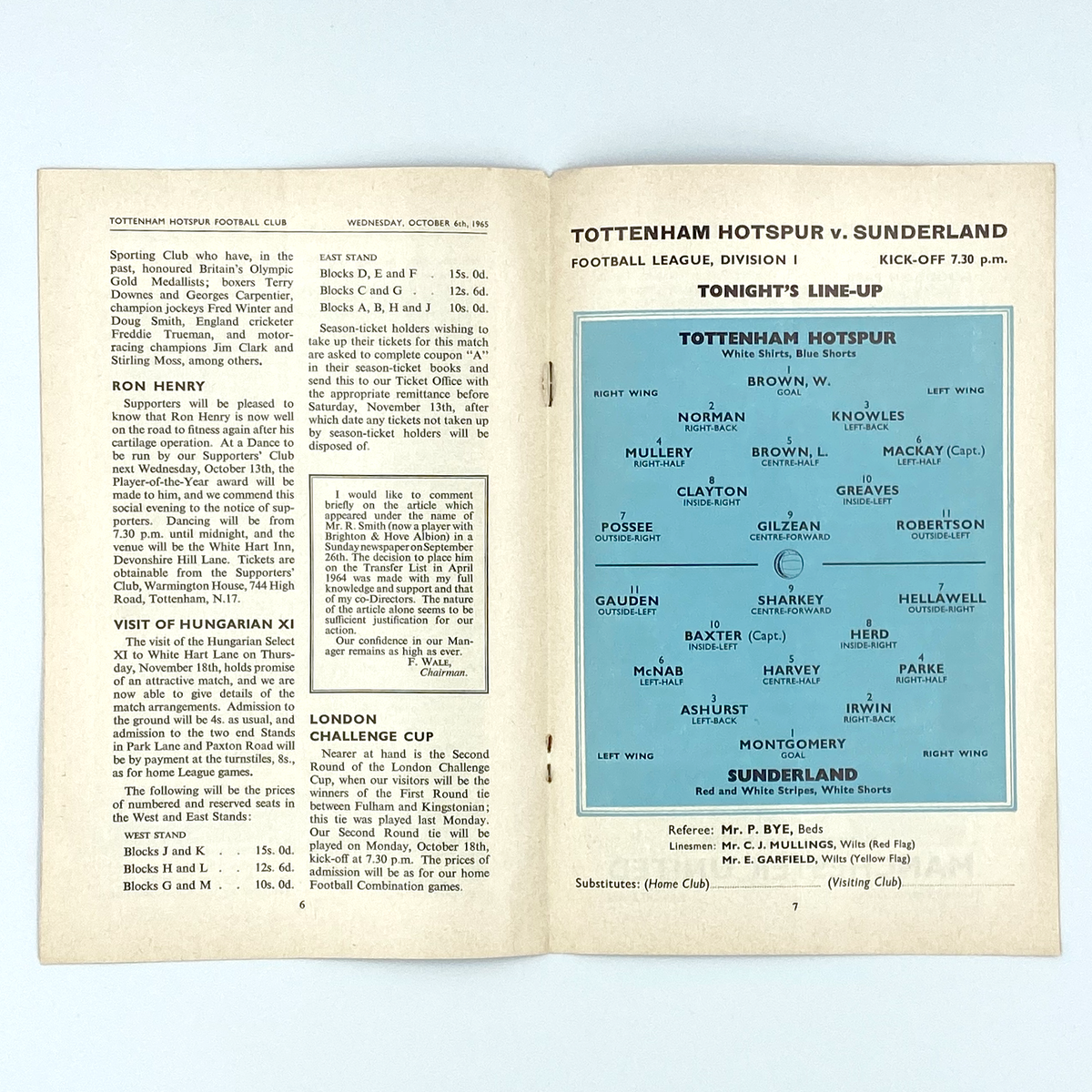 Tottenham Hotspur vs Sunderland Programme (6 October 1965)