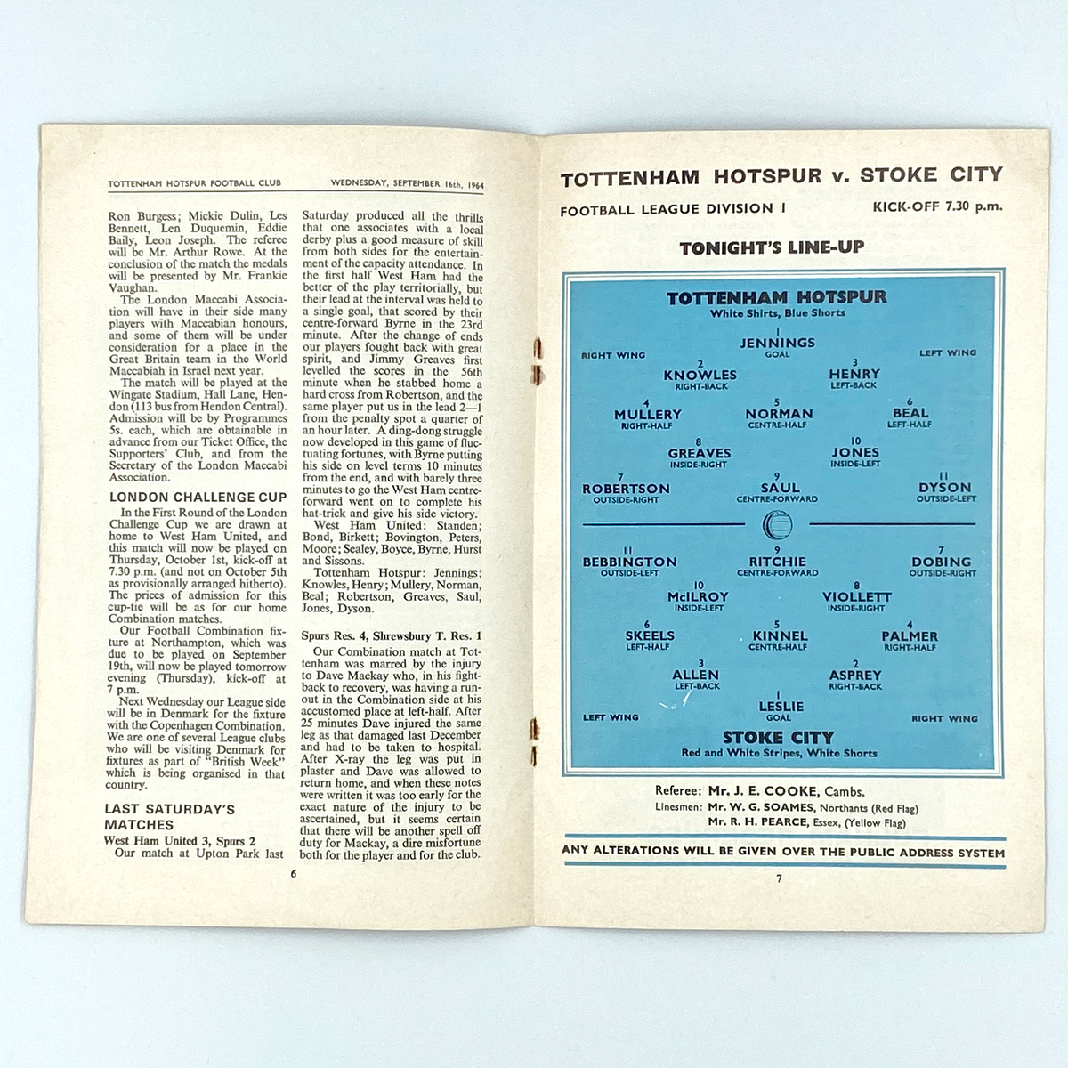 Tottenham Hotspur vs Stoke City Programme (16 September 1964)
