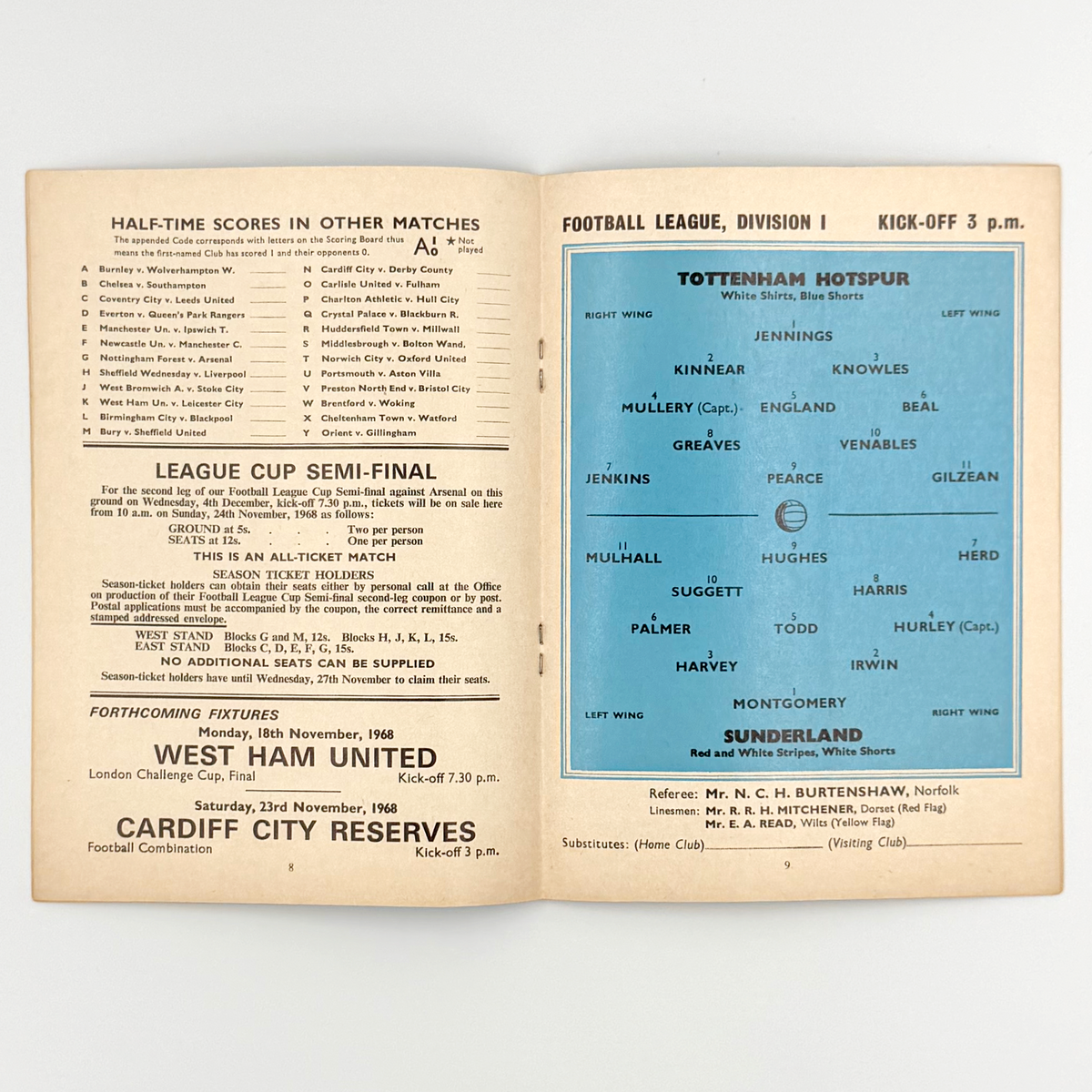 Tottenham Hotspur vs Sunderland Programme (16 November 1968)