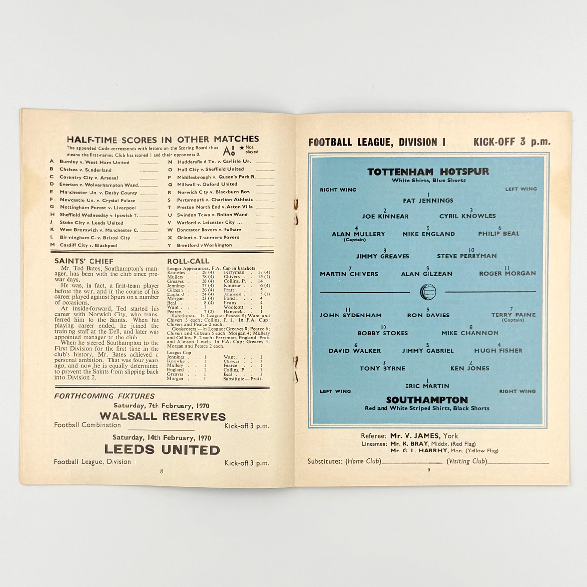 Tottenham Hotspur vs Southampton Programme (31 January 1970)