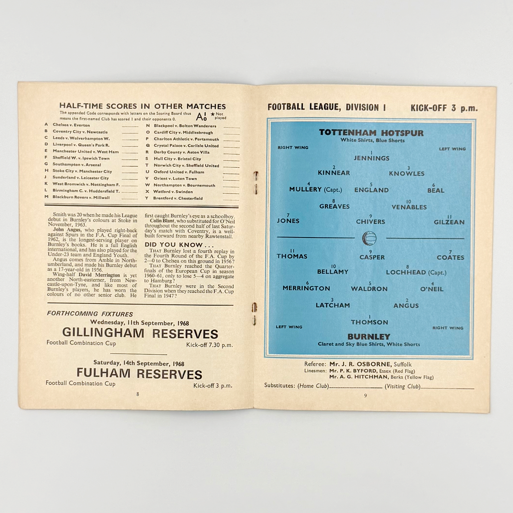 Tottenham Hotspur vs Burnley Programme (7 September 1968)