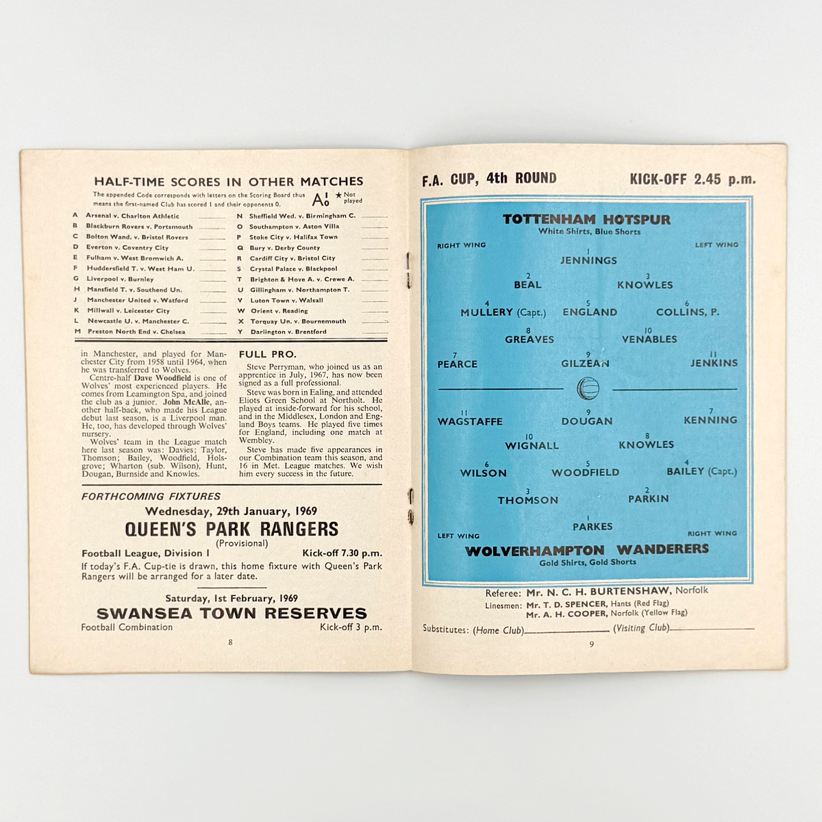 Tottenham Hotspur vs Wolverhampton Wanderers Programme (25 January 1969)