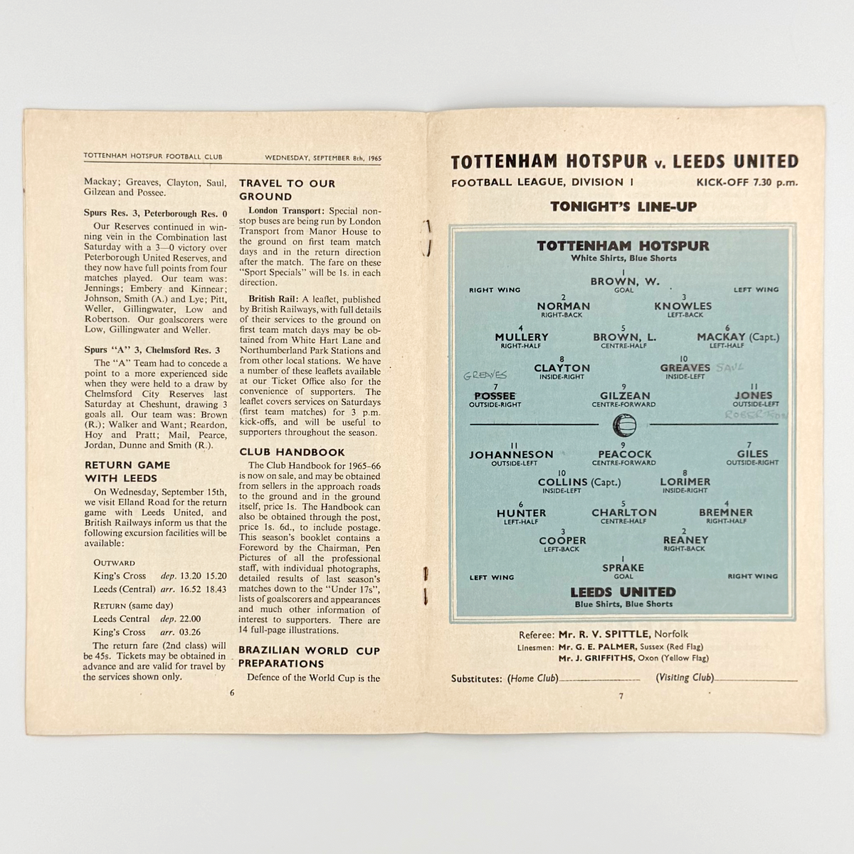 Tottenham Hotspur vs Leeds United Programme (8 September 1965)