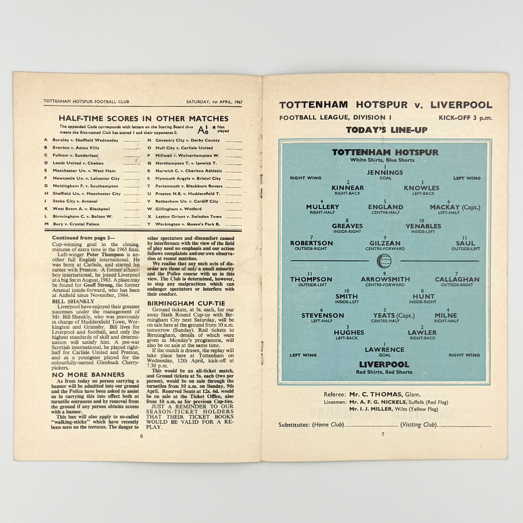 Tottenham Hotspur vs Liverpool Programme (1 April 1967)