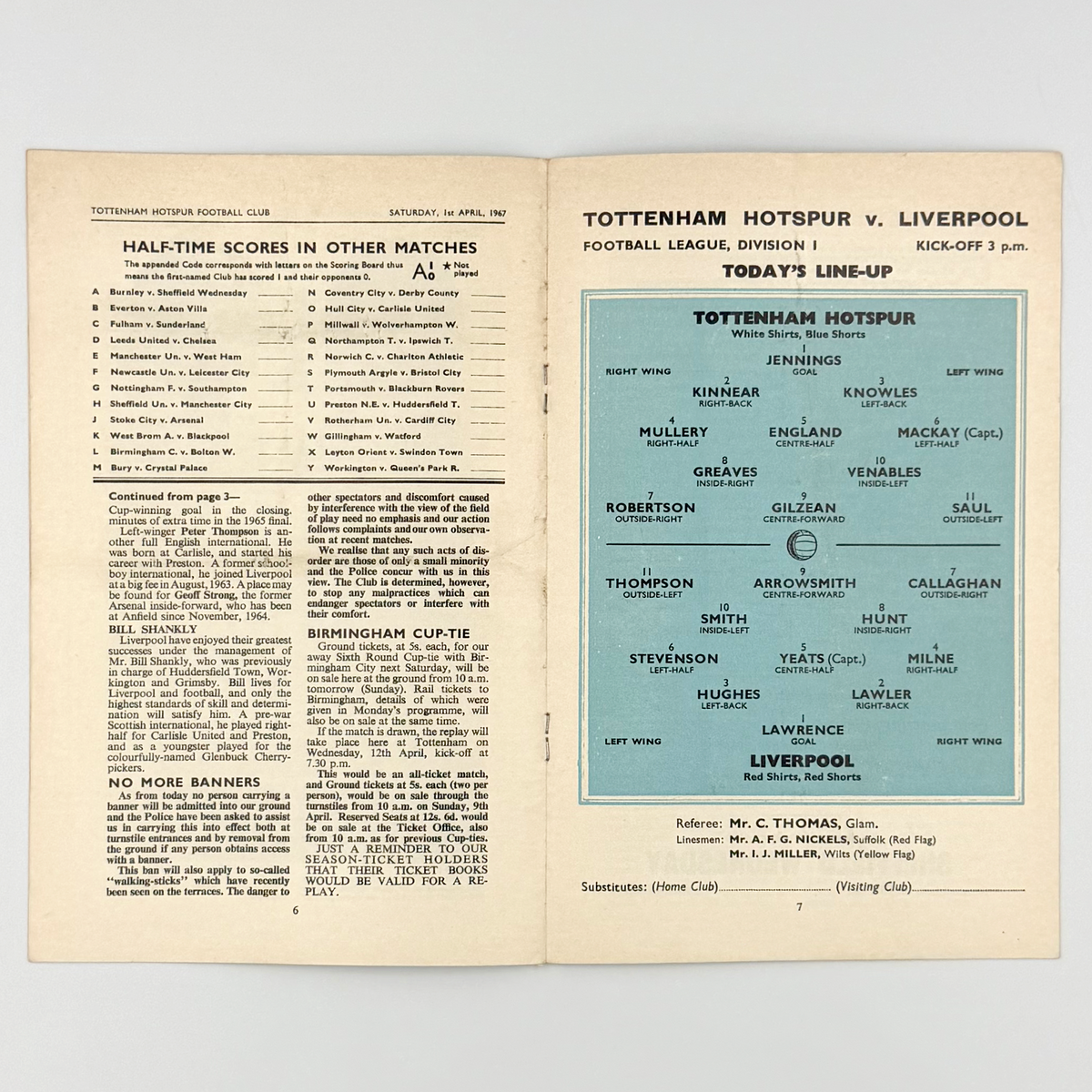 Tottenham Hotspur vs Liverpool Programme (1 April 1967)