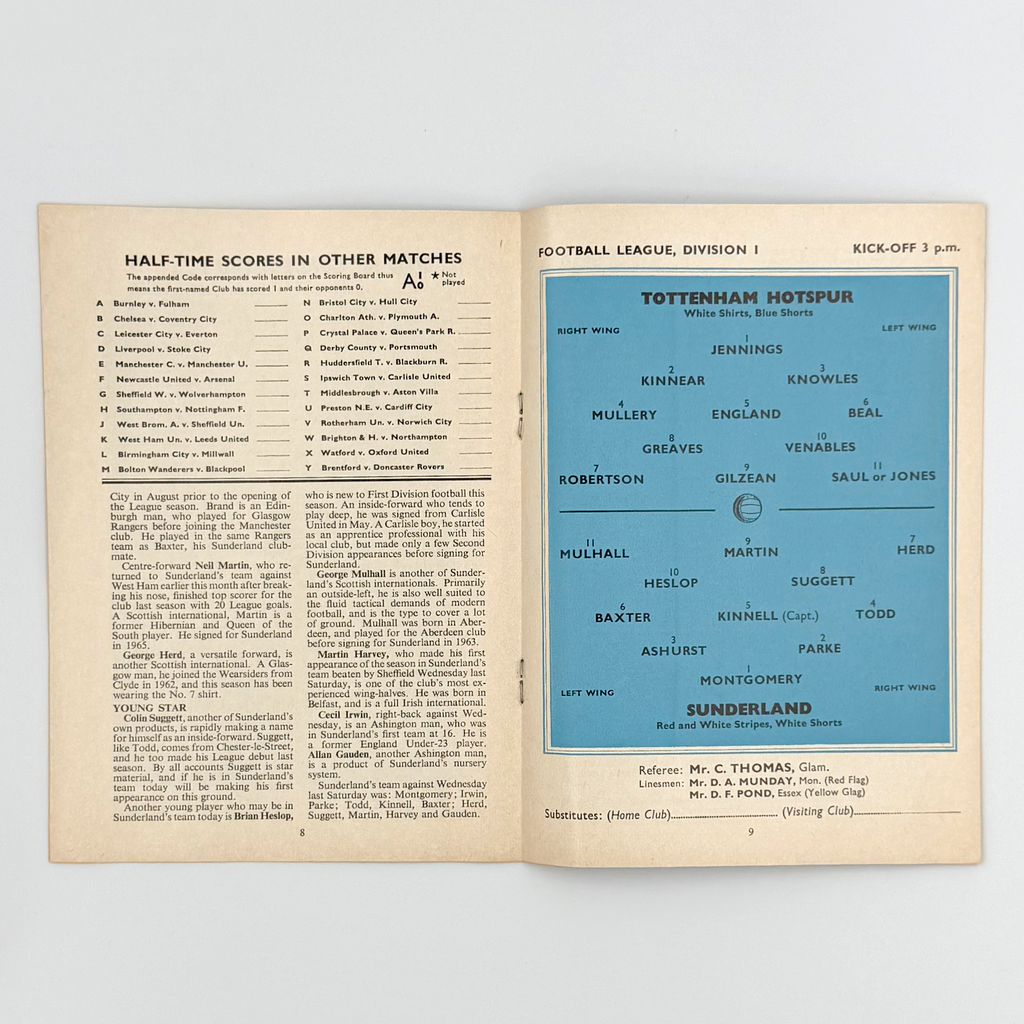 Tottenham Hotspur vs Sunderland Programme (30 September 1967)