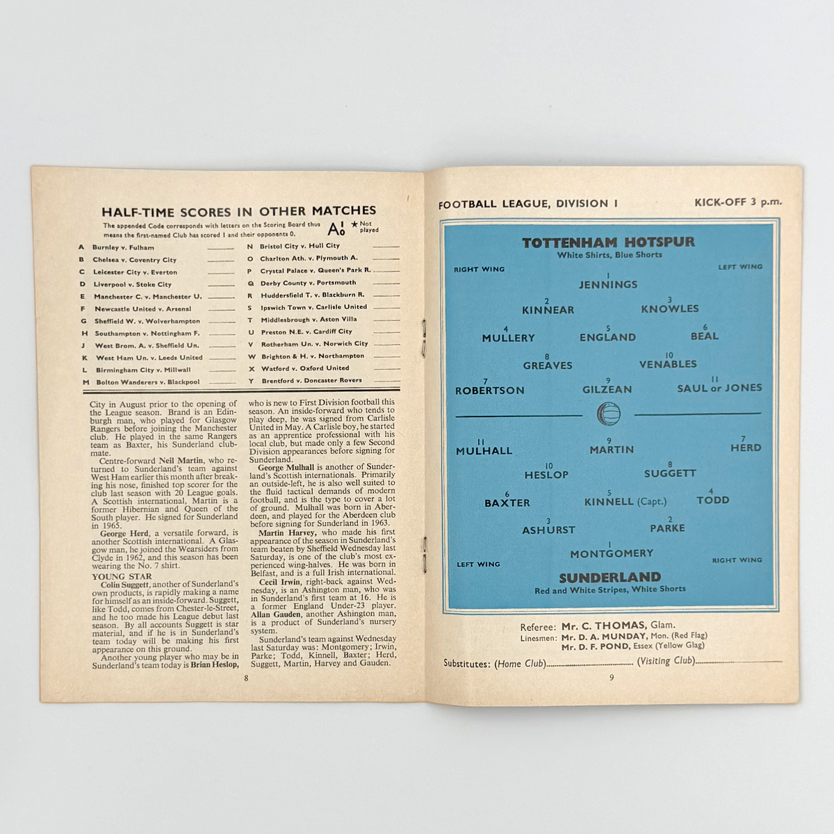 Tottenham Hotspur vs Sunderland Programme (30 September 1967)