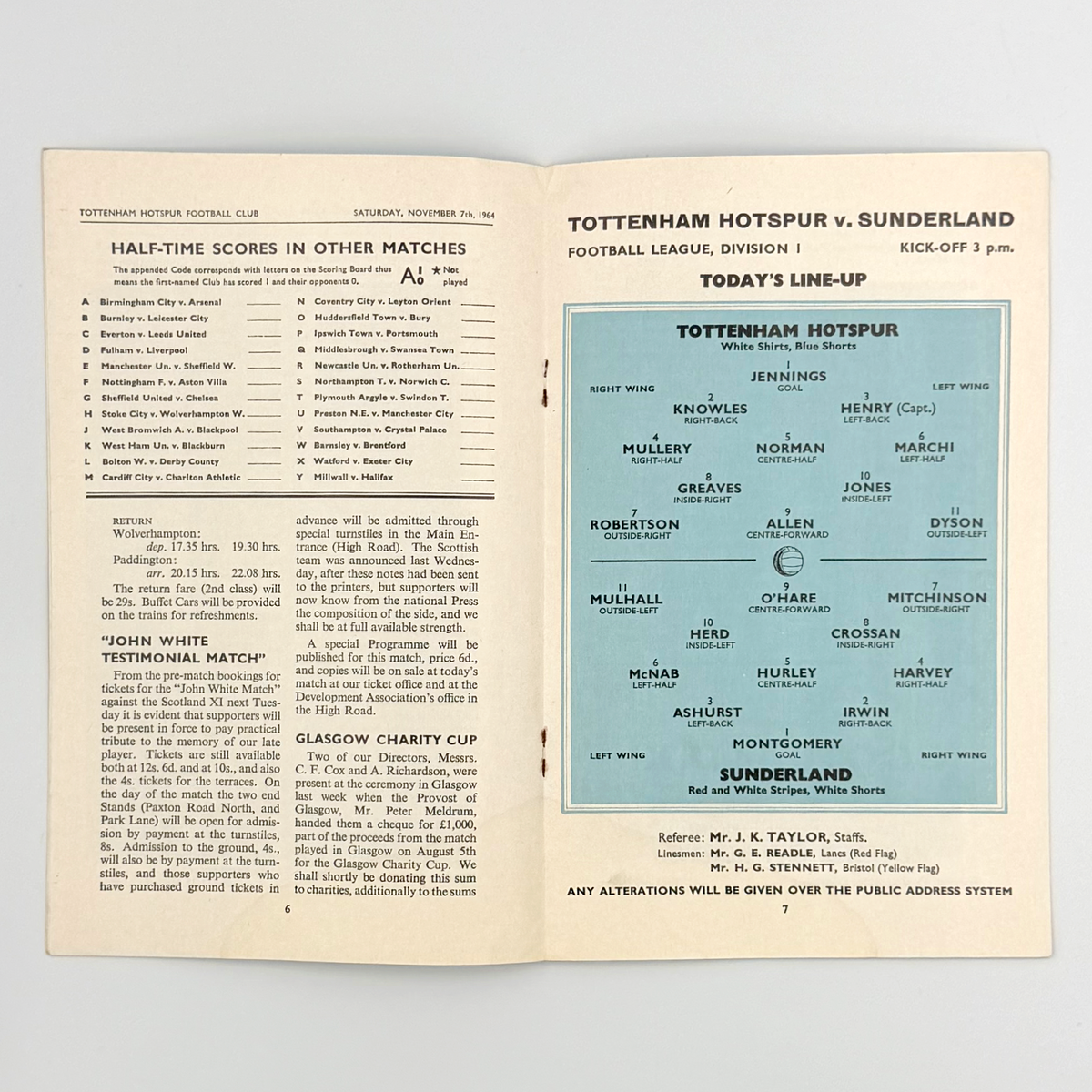 Tottenham Hotspur vs Sunderland Programme (7 November 1964)