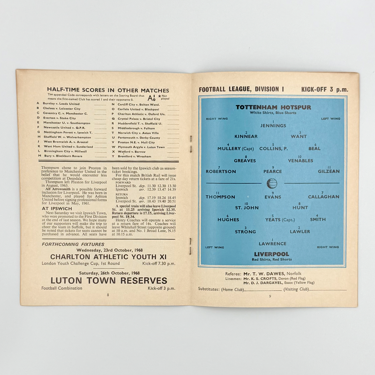 Tottenham Hotspur vs Liverpool Programme (19 October 1968)