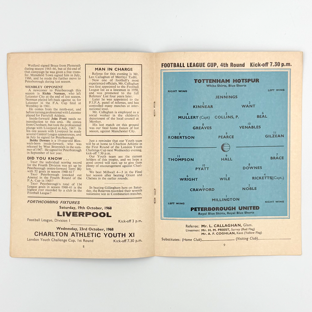 Tottenham Hotspur vs Peterborough United Programme (16 October 1968)