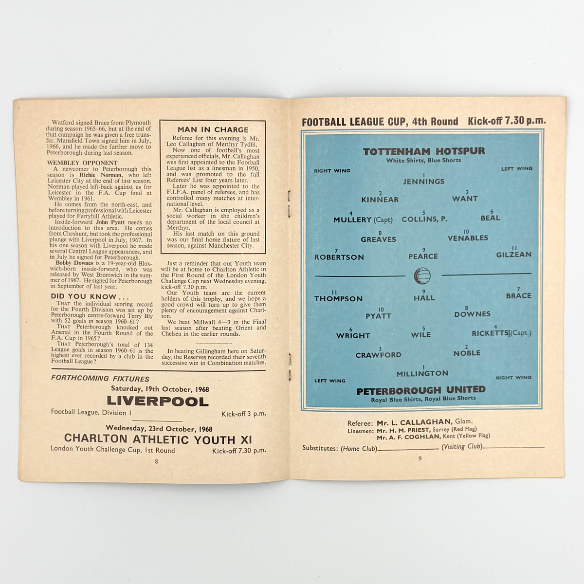 Tottenham Hotspur vs Peterborough United Programme (16 October 1968)