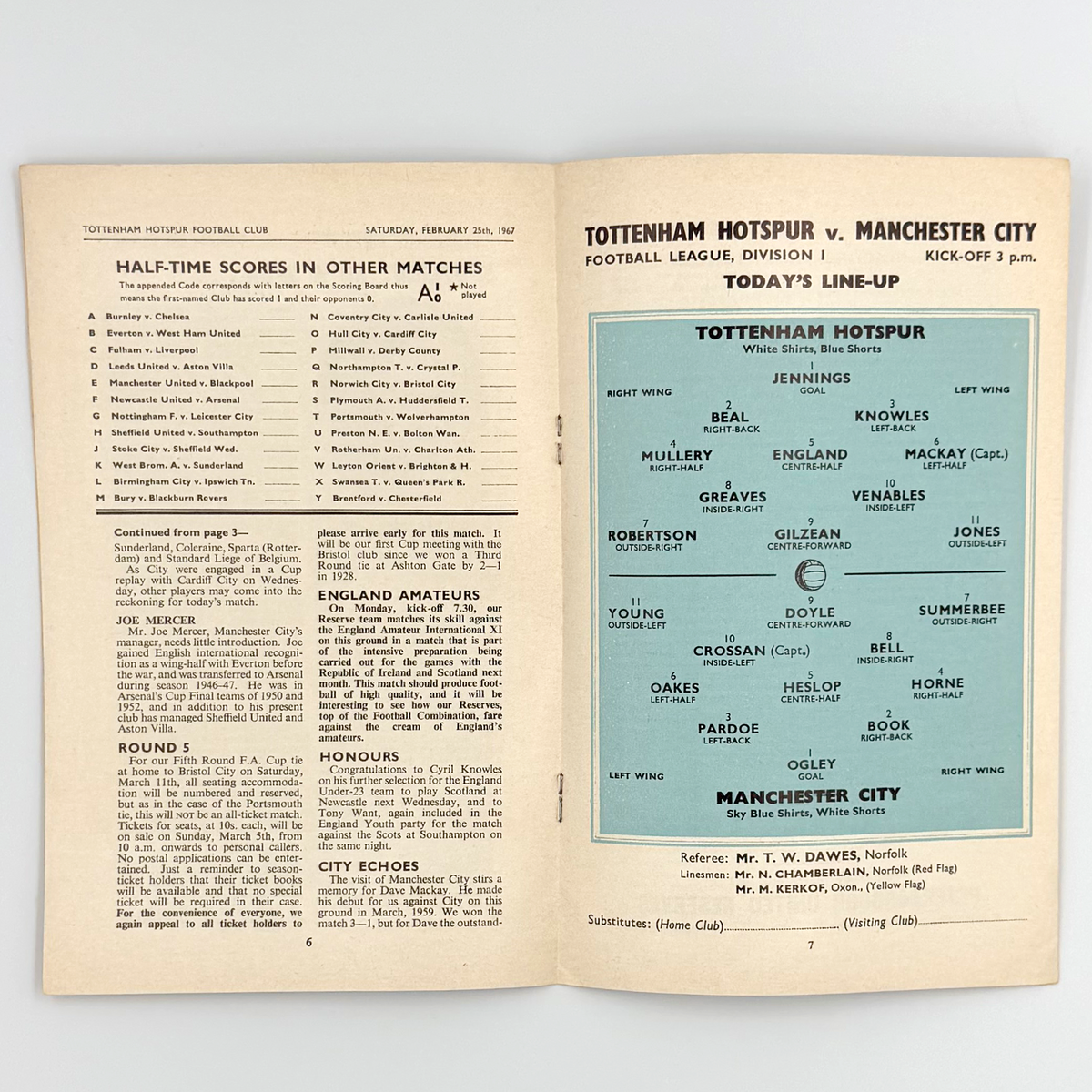Tottenham Hotspur vs Manchester City Programme (25 February 1967)
