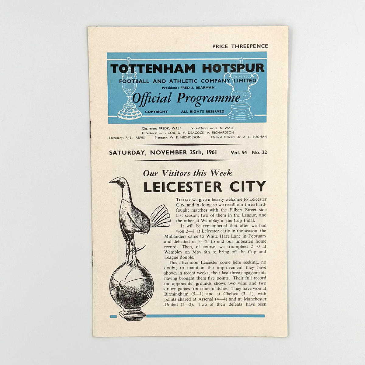 Tottenham Hotspur vs Leicester City Programme (25 November 1961)