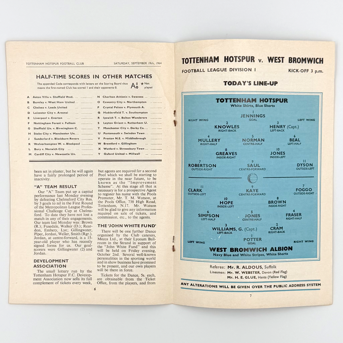 Tottenham Hotspur vs West Bromwich Albion Programme (19 September 1964)