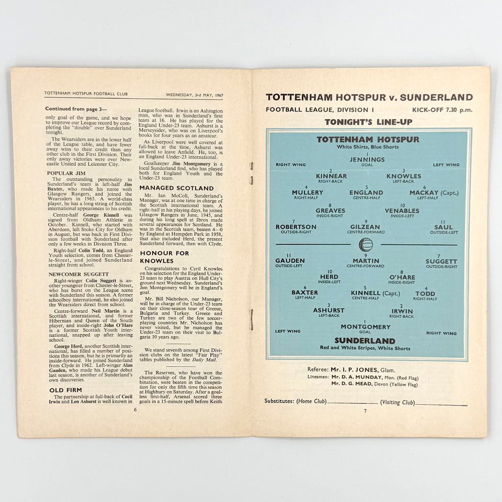 Tottenham Hotspur vs Sunderland Programme (3 May 1967)