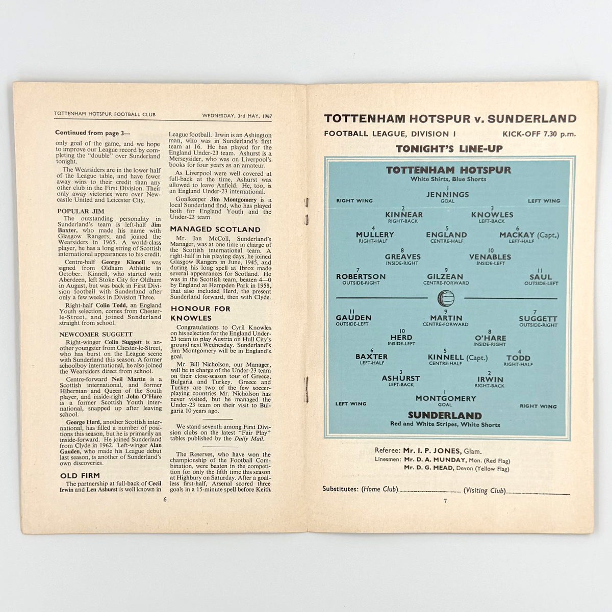 Tottenham Hotspur vs Sunderland Programme (3 May 1967)