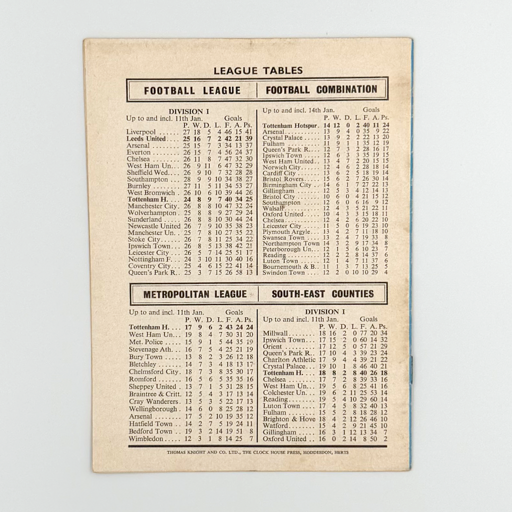 Tottenham Hotspur vs Leeds United Programme (18 January 1969)