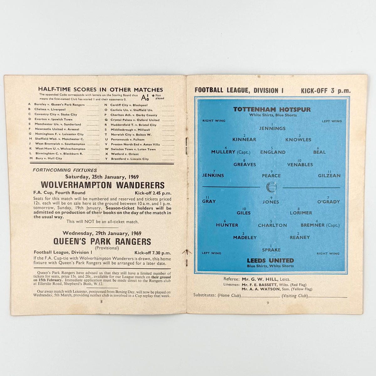 Tottenham Hotspur vs Leeds United Programme (18 January 1969)