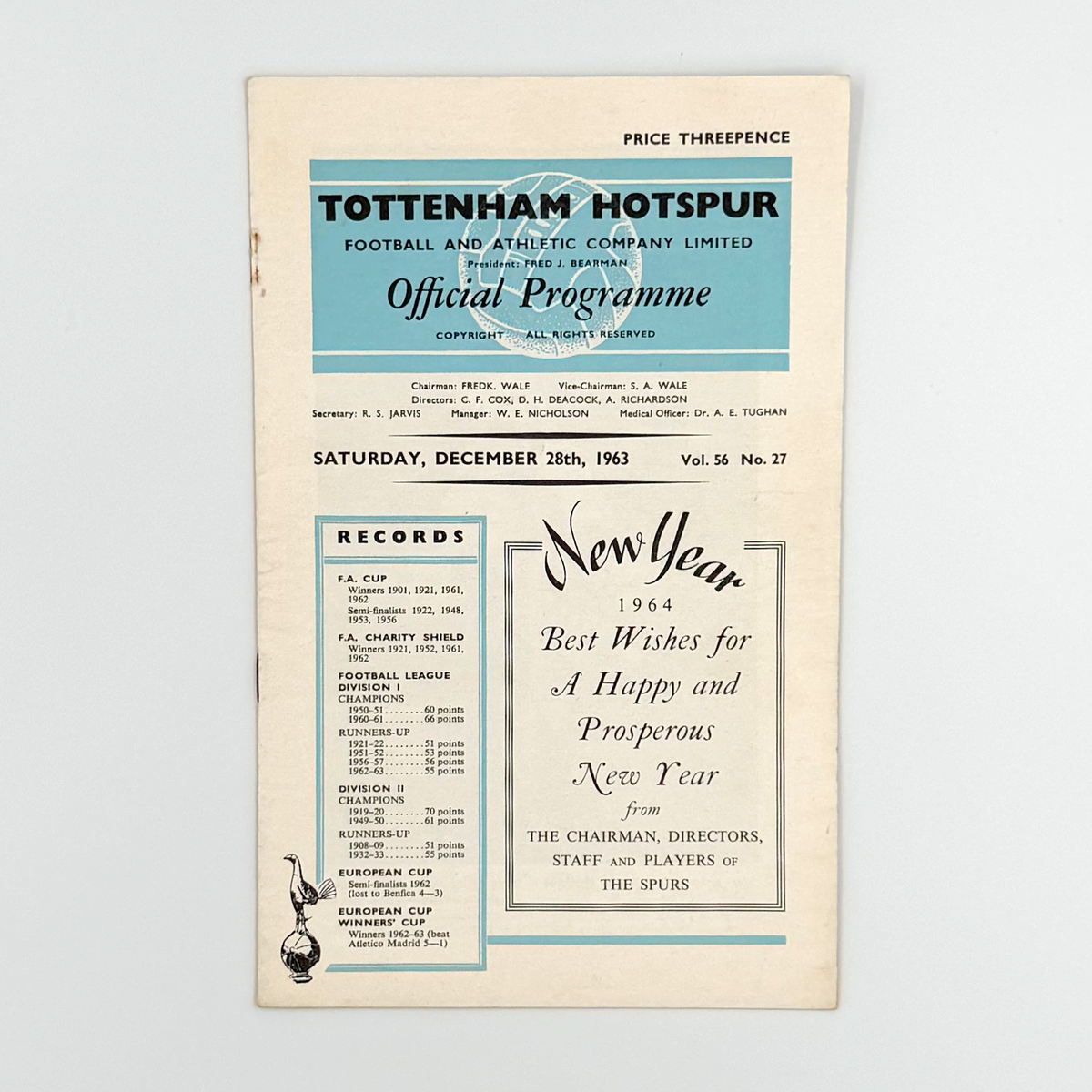 Tottenham Hotspur vs West Bromwich Albion Programme (28 December 1963)