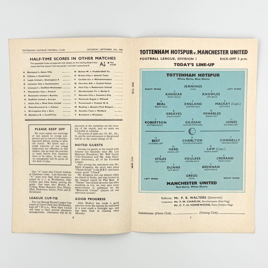 Tottenham Hotspur vs Manchester United Programme (10 September 1966)