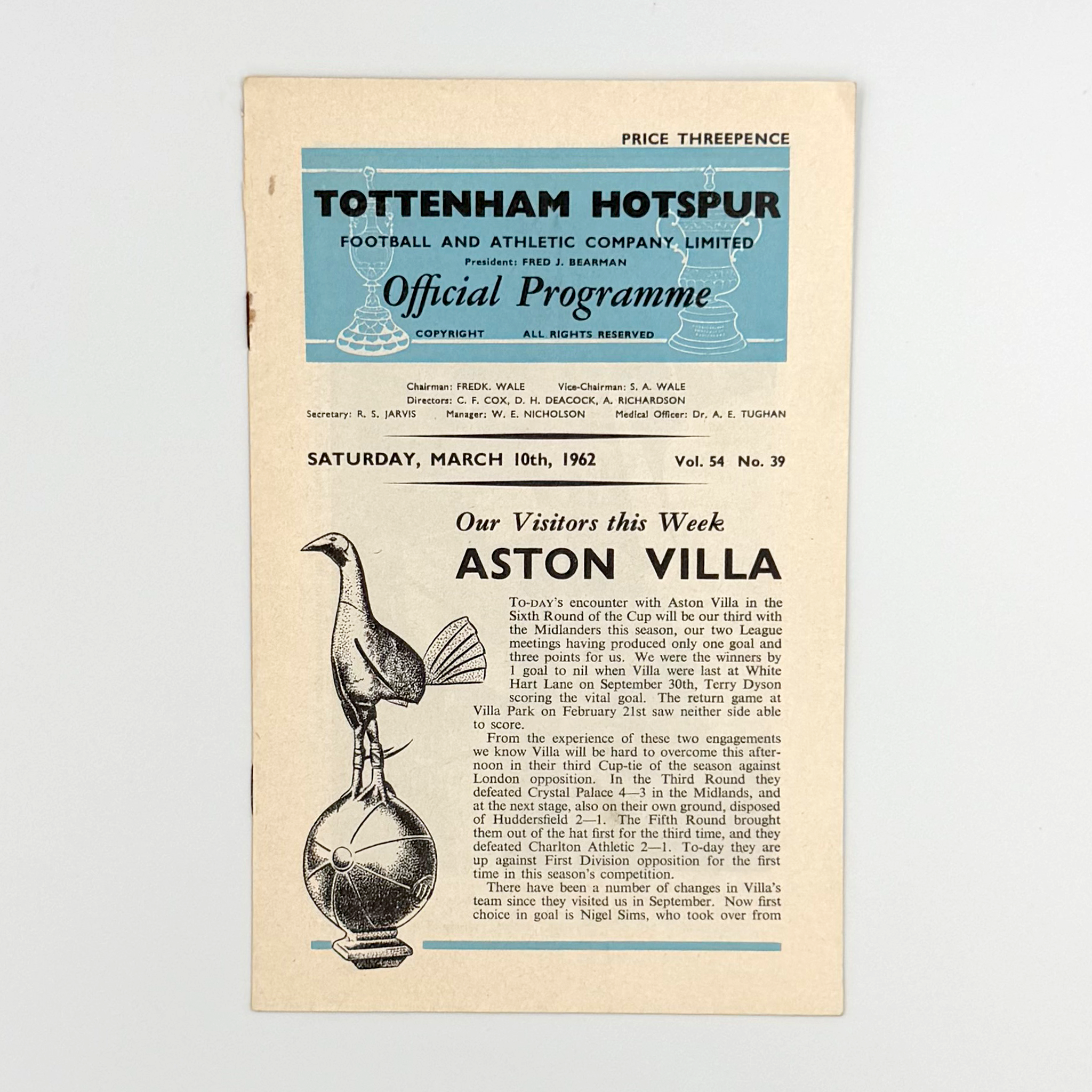 Tottenham Hotspur vs Aston Villa Programme (10 March 1962)