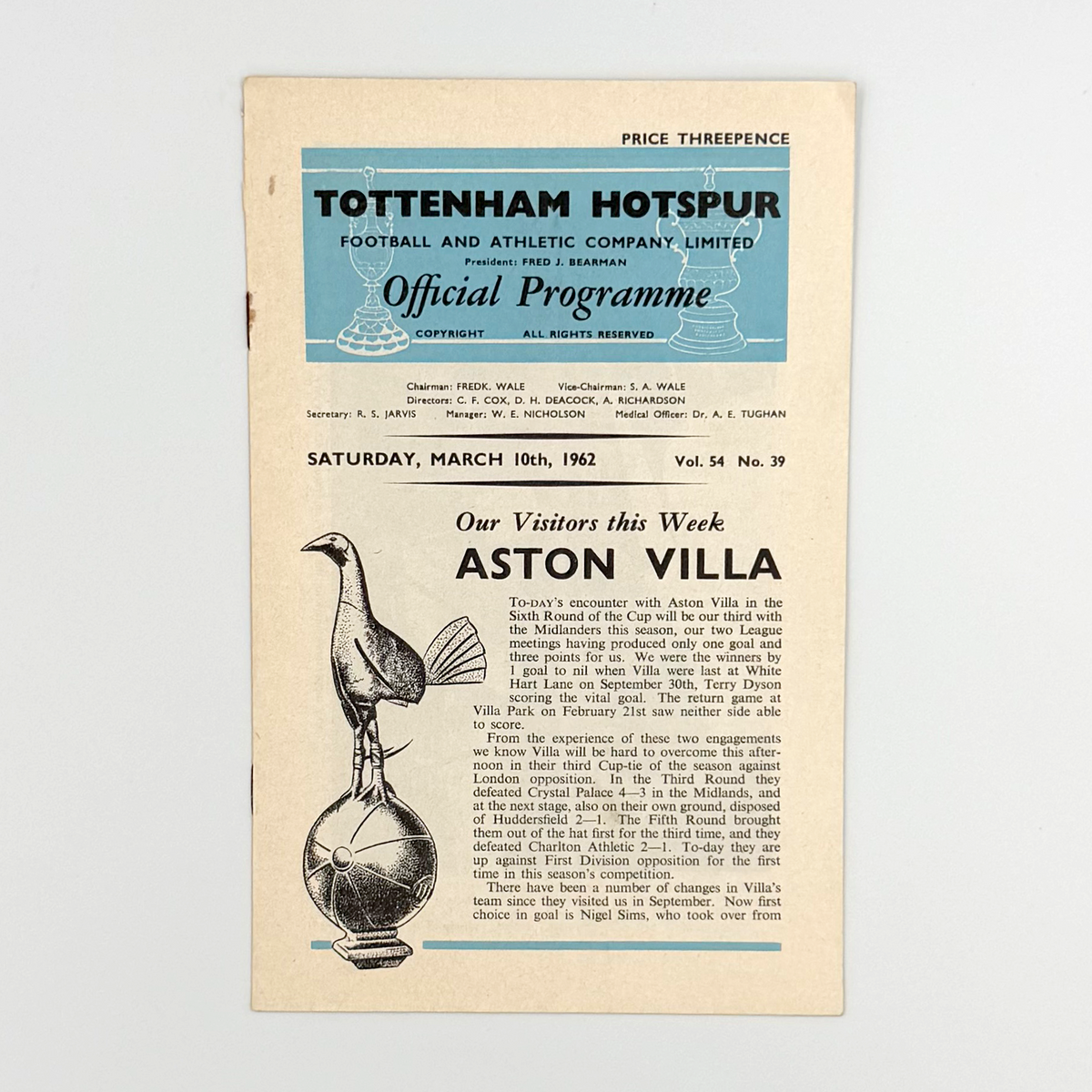 Tottenham Hotspur vs Aston Villa Programme (10 March 1962)