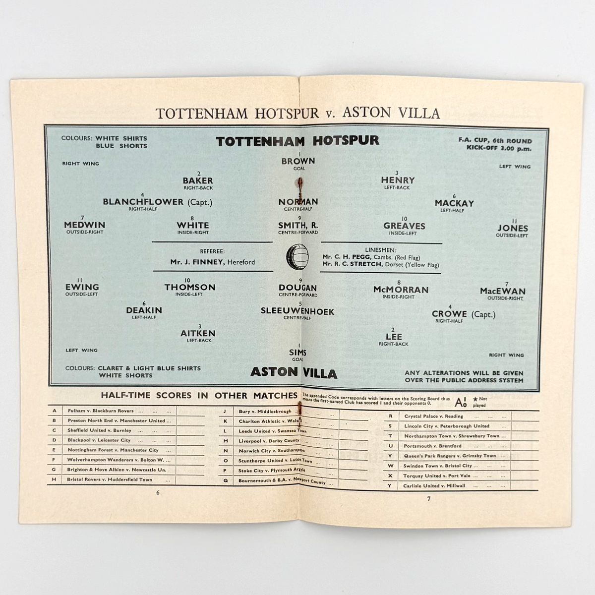 Tottenham Hotspur vs Aston Villa Programme (10 March 1962)