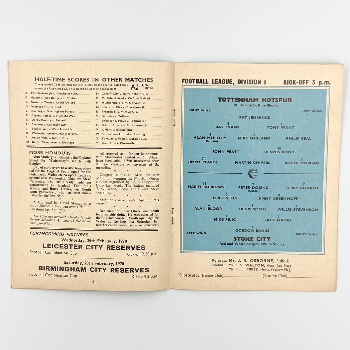 Tottenham Hotspur vs Stoke City Programme (21 February 1970)