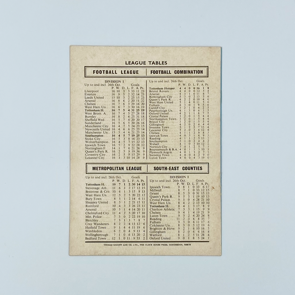 Tottenham Hotspur vs Southampton Programme (30 October 1968)
