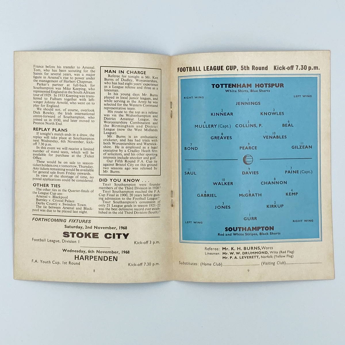 Tottenham Hotspur vs Southampton Programme (30 October 1968)