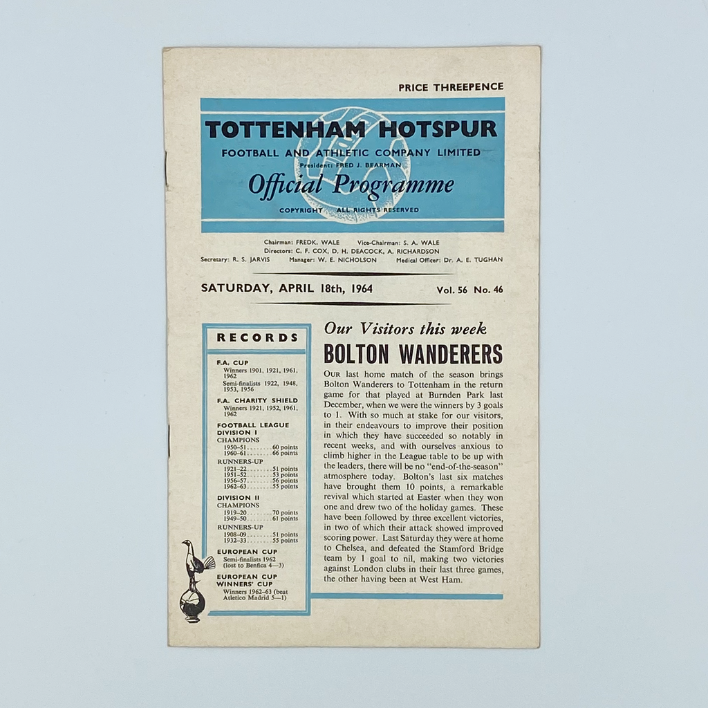 Tottenham Hotspur vs Bolton Wanderers Programme (18 April 1964)