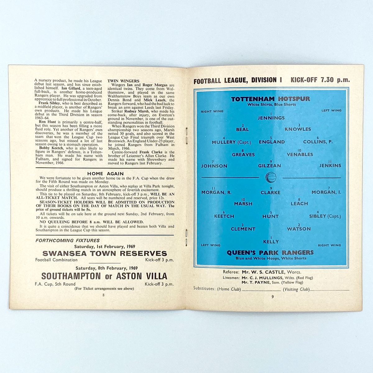 Tottenham Hotspur vs Queens Park Rangers Programme (29 January 1969)
