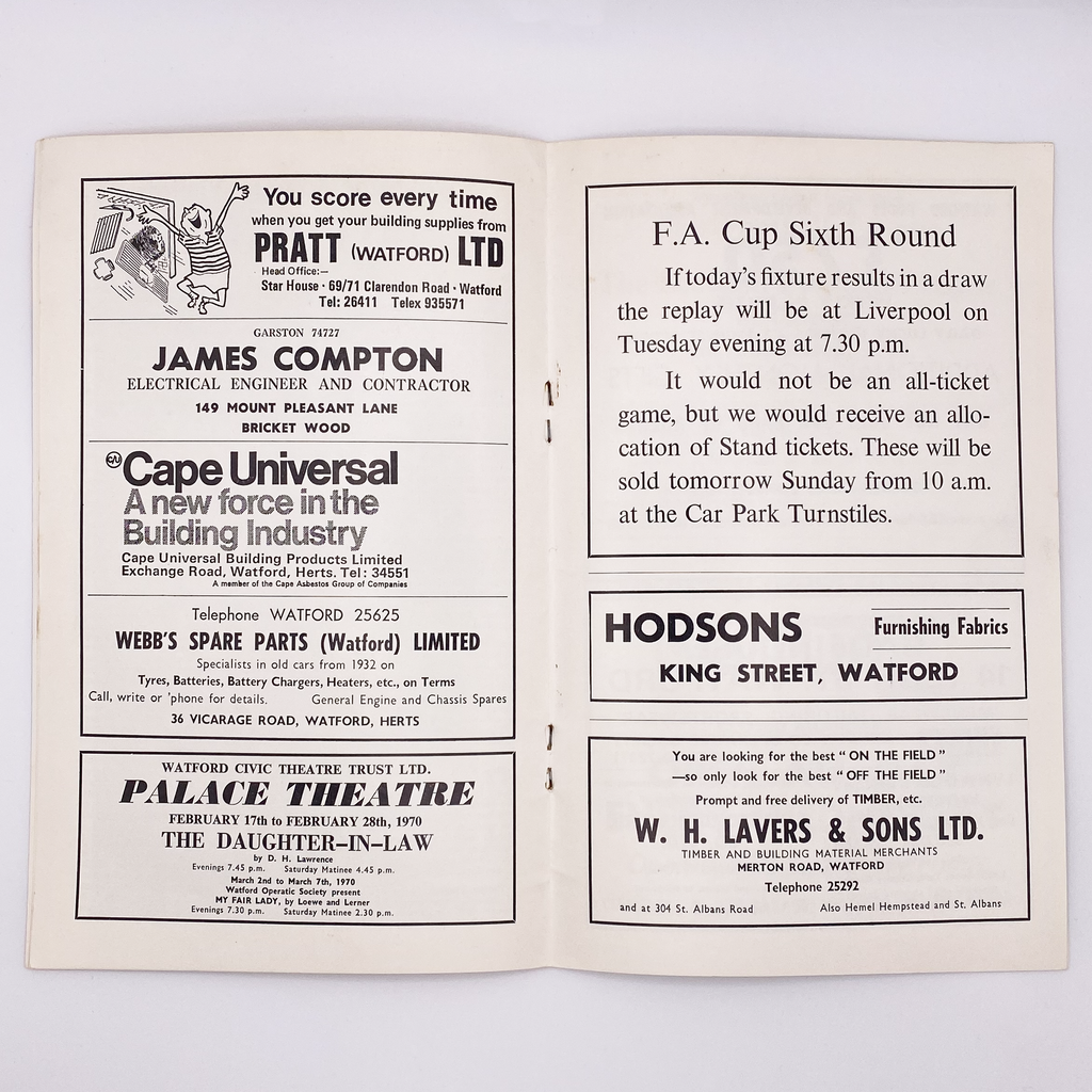 Watford vs Liverpool Programme (21 February 1970)