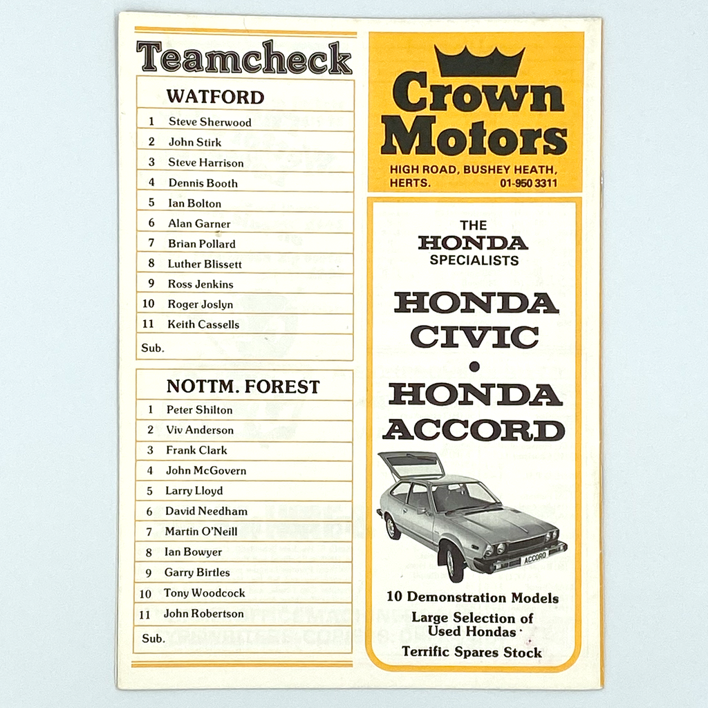 Watford vs Nottingham Forest, League Cup Semi Final 2nd Leg Programme (23 January 1979)