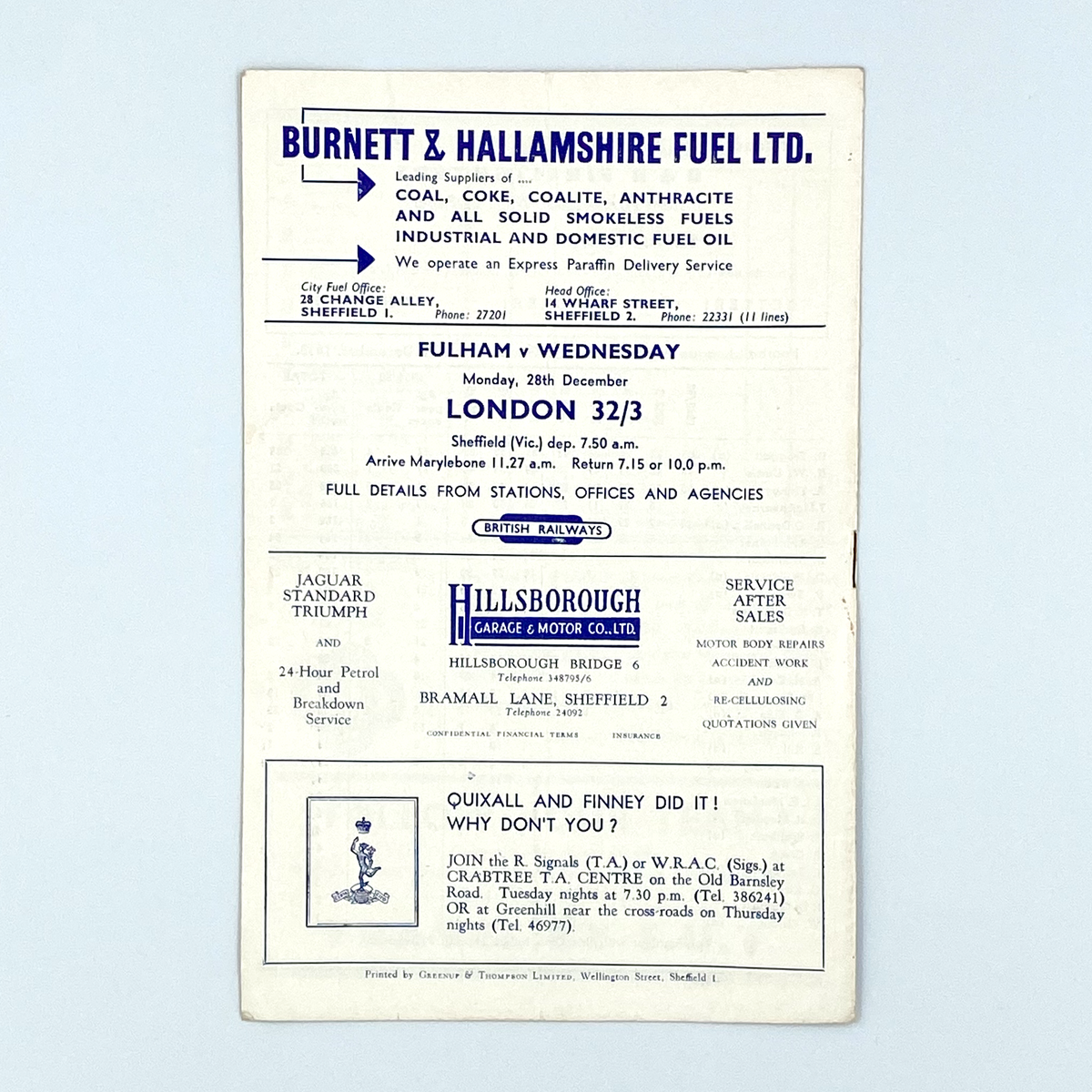 Sheffield Wednesday vs Arsenal Programme (19 December 1959)