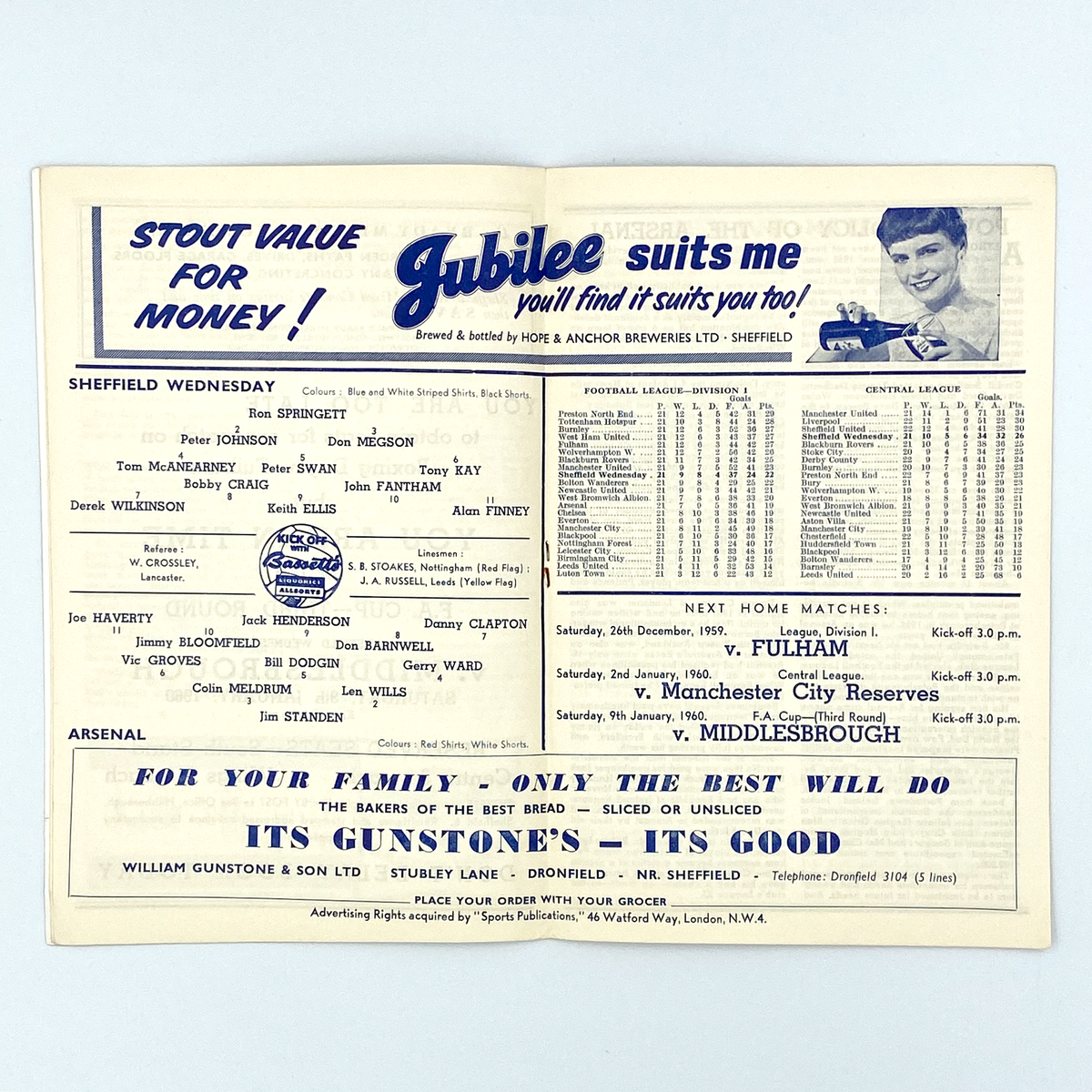 Sheffield Wednesday vs Arsenal Programme (19 December 1959)