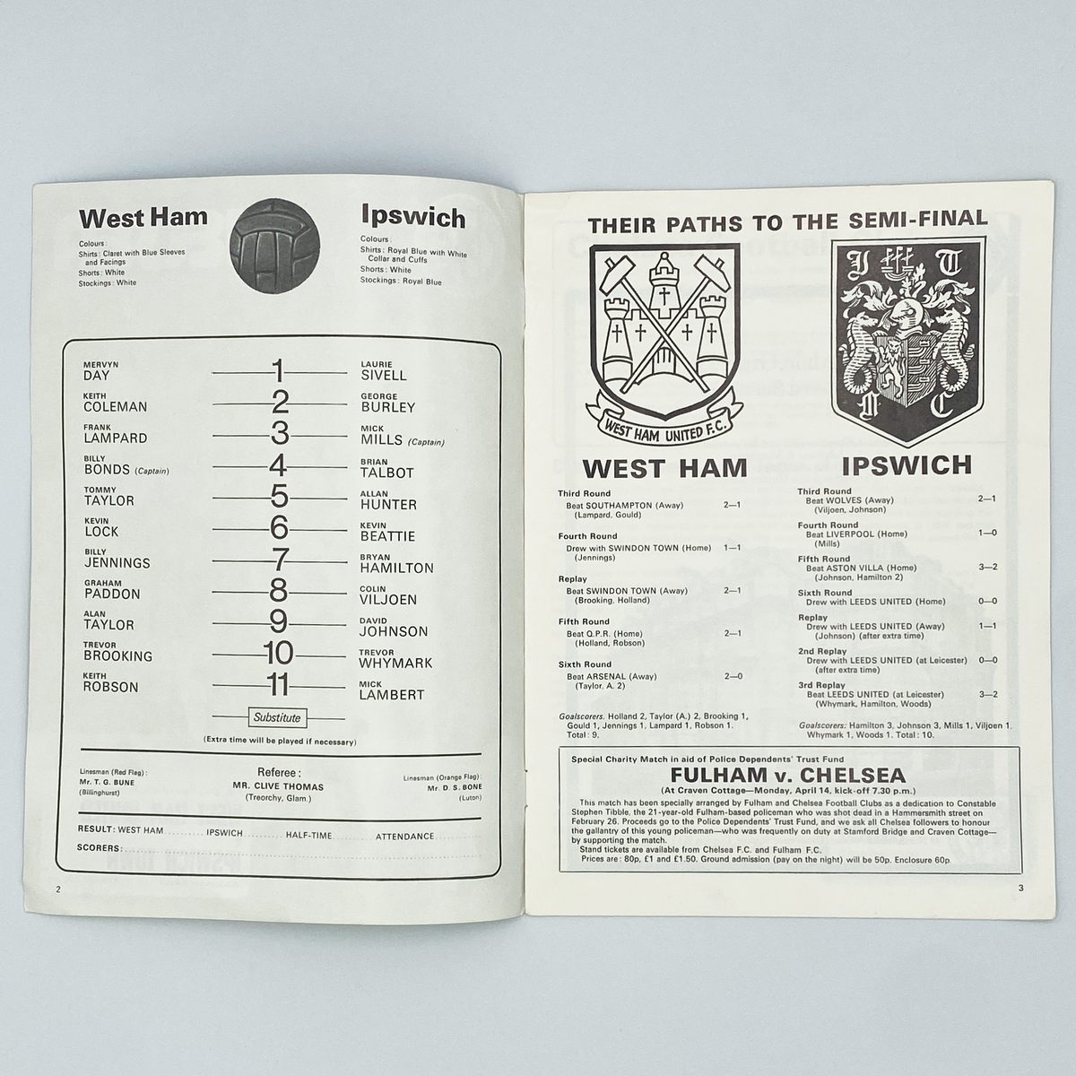 West Ham United vs Ipswich Town FA Cup Semi-Final Replay Programme (9 April 1975)