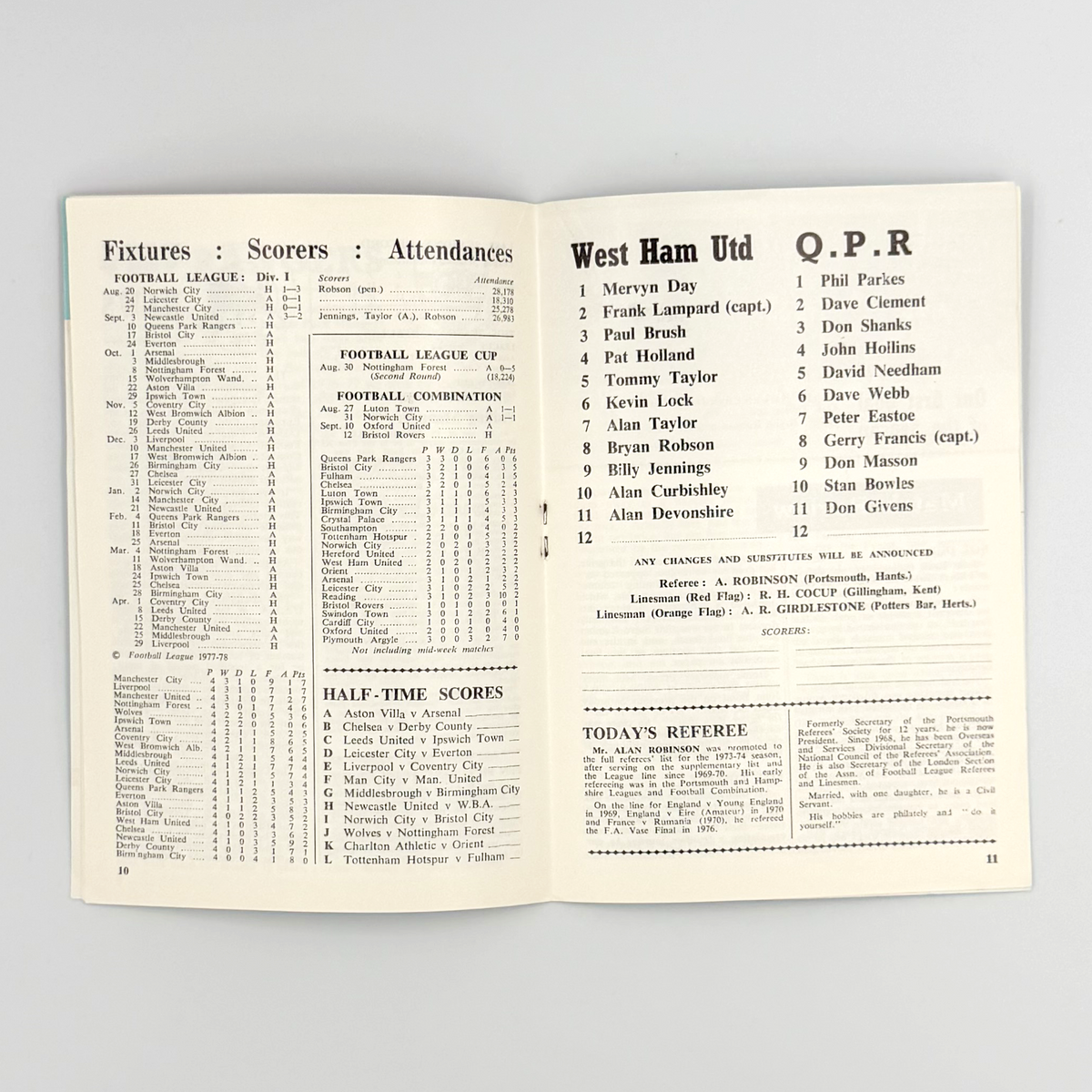 West Ham United vs Queens Park Rangers Programme (10 September 1977)