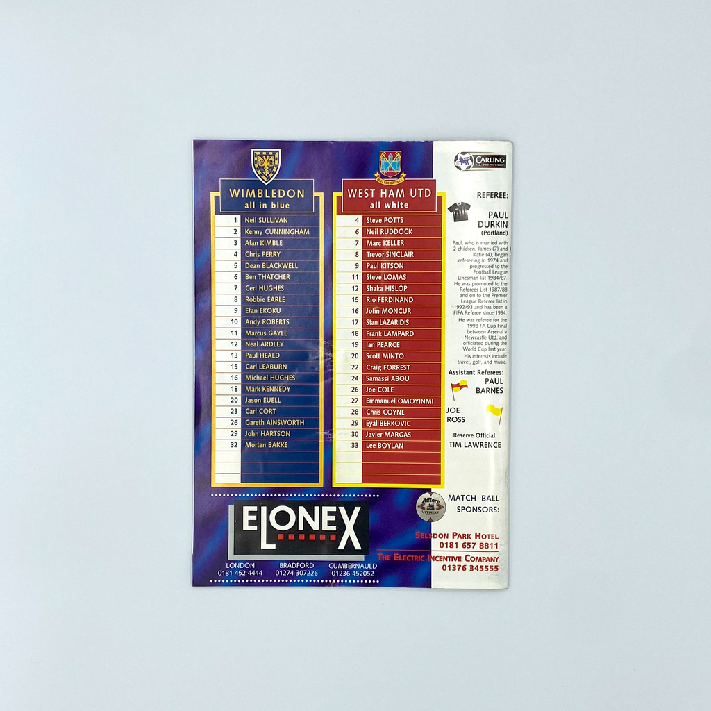 Wimbledon vs West Ham United Programme & Ticket (30 January 1999)