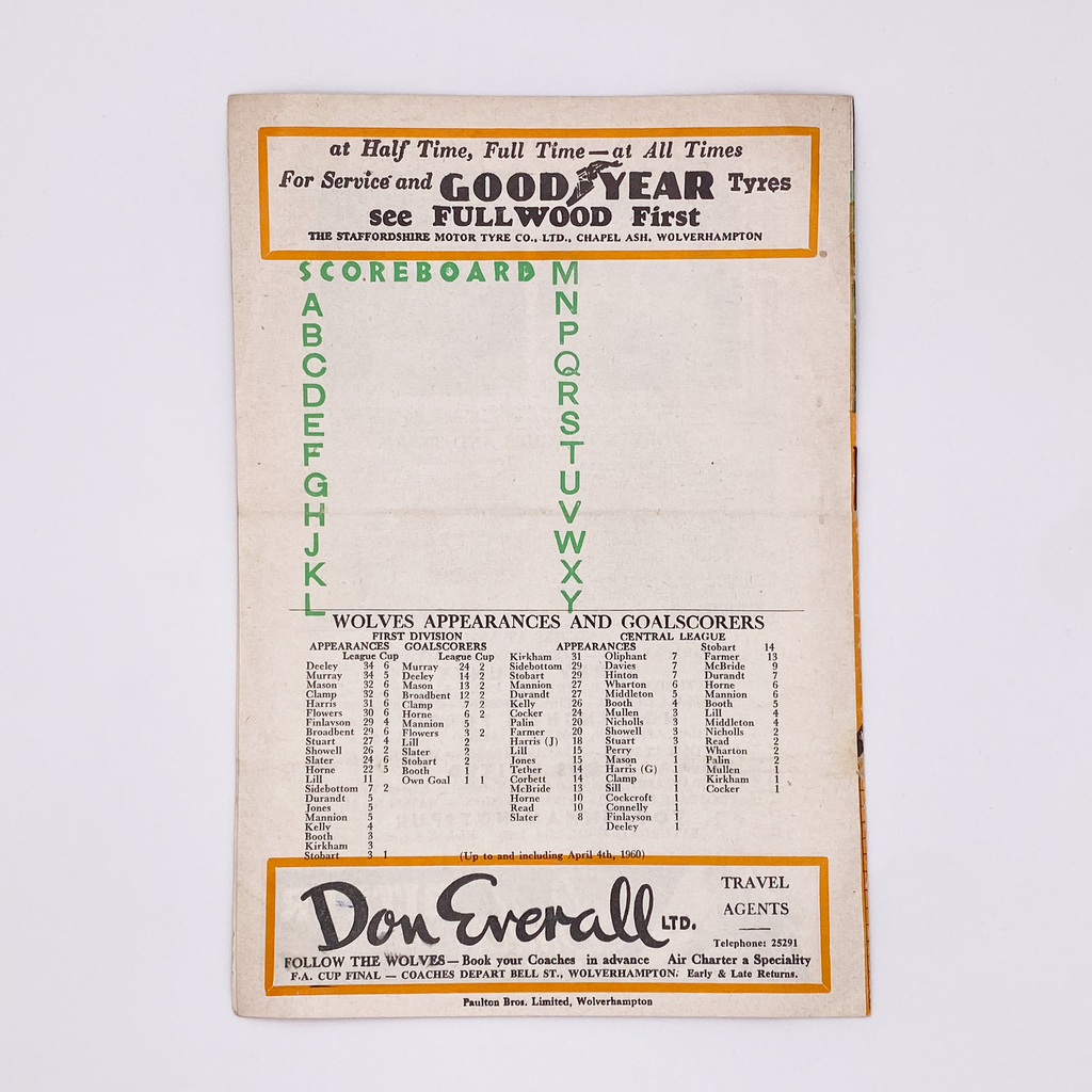 Wolverhampton Wanderers vs West Ham United Programme (11 April 1960)