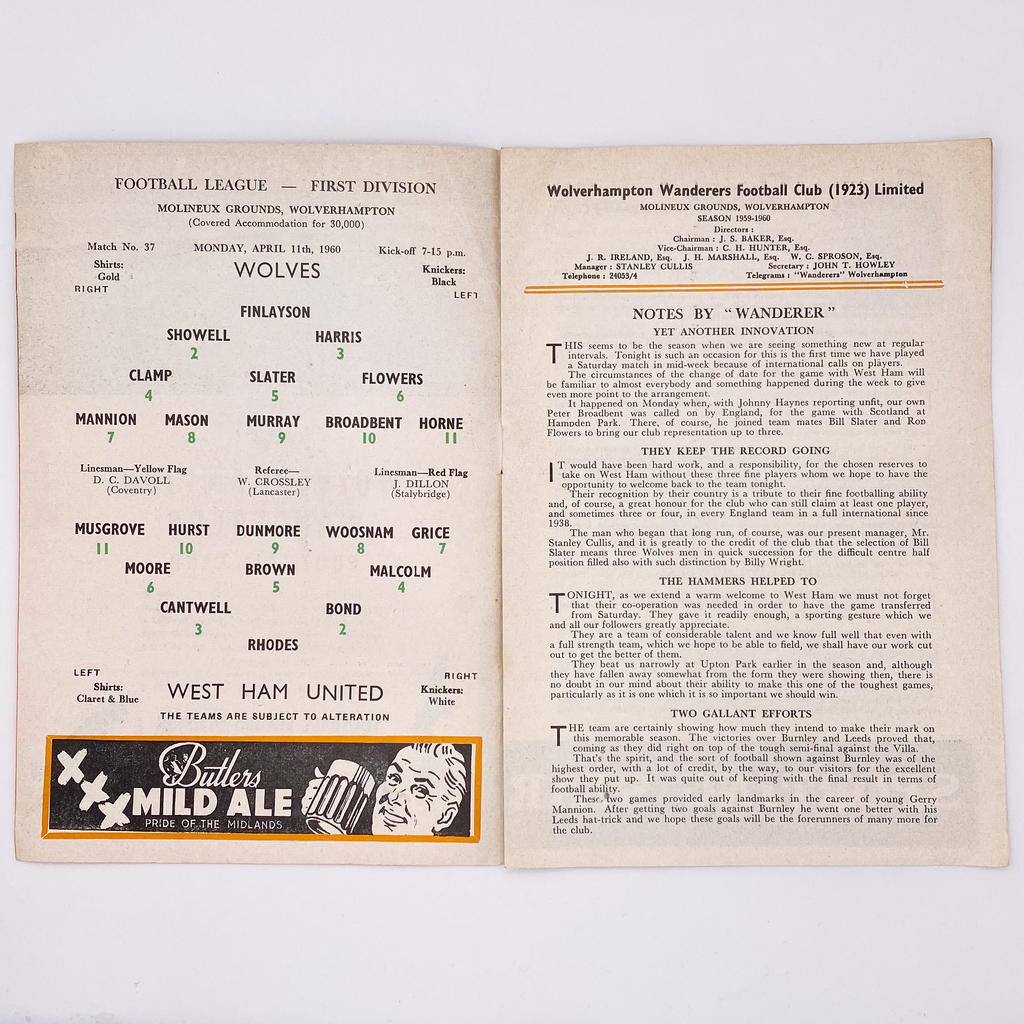 Wolverhampton Wanderers vs West Ham United Programme (11 April 1960)