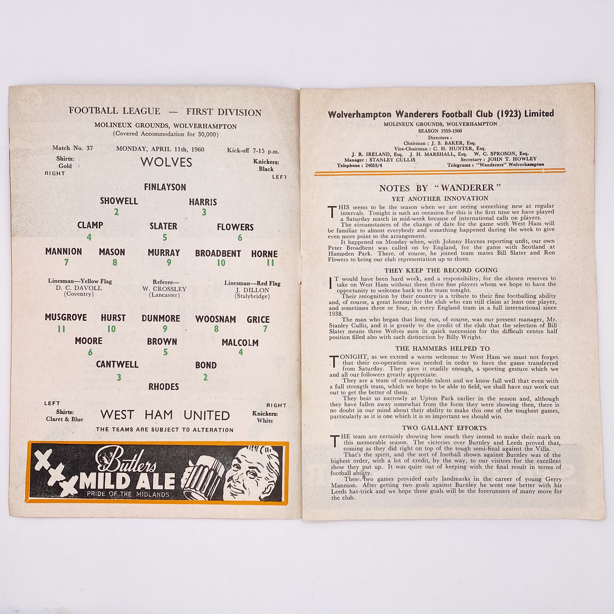 Wolverhampton Wanderers vs West Ham United Programme (11 April 1960)