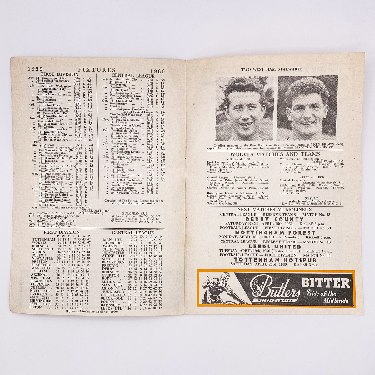 Wolverhampton Wanderers vs West Ham United Programme (11 April 1960)