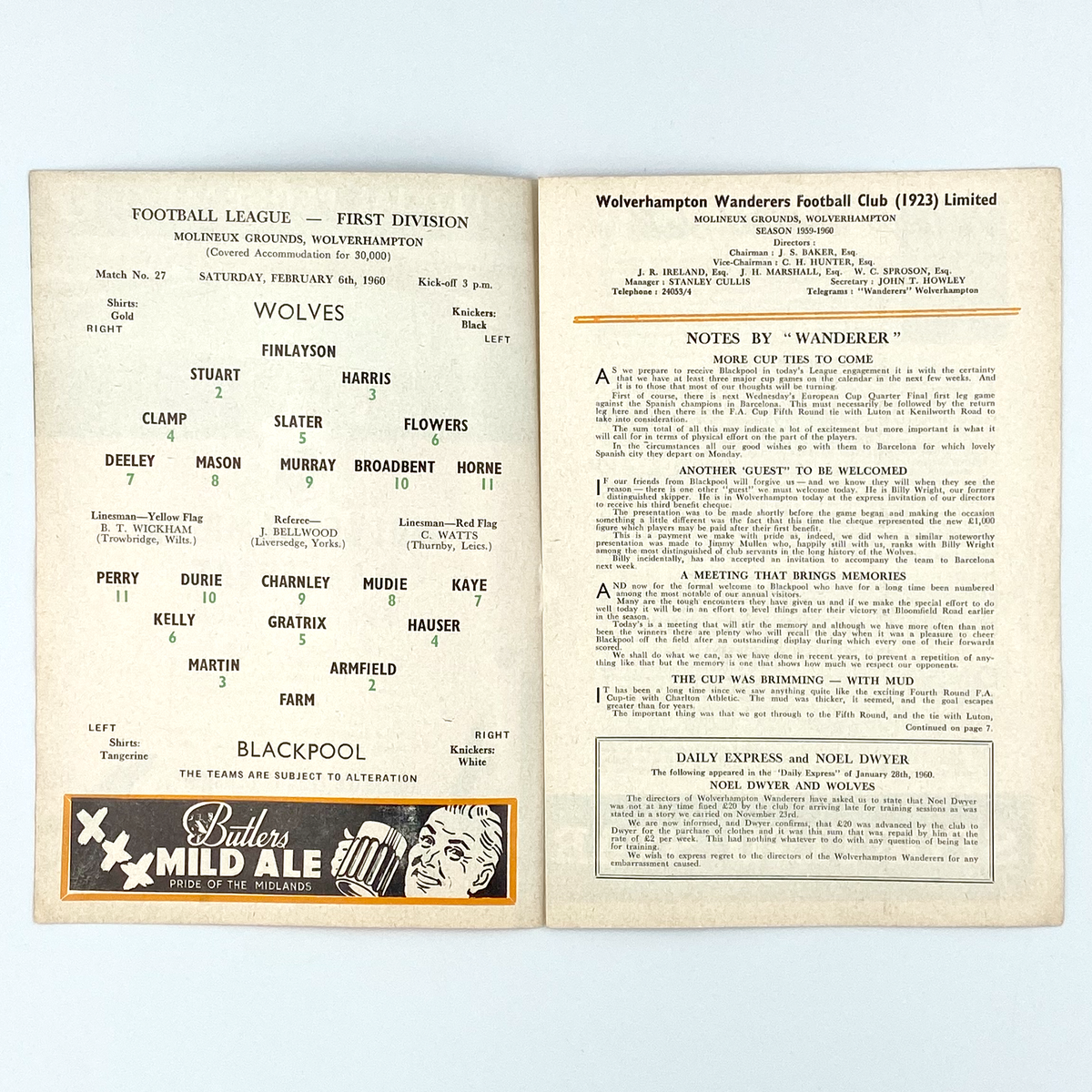 Wolverhampton Wanderers vs Blackpool Programme (6 February 1960)